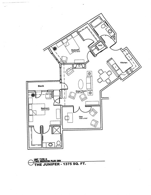 A black and white floor plan of a two-story building with a deck and a kitchen.